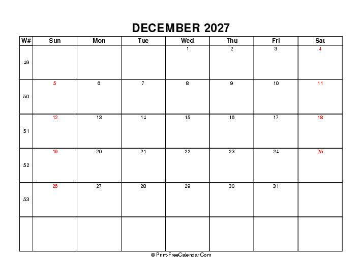Download 2027 December Calendar Week Number Sunday Start (PDF, Word ...