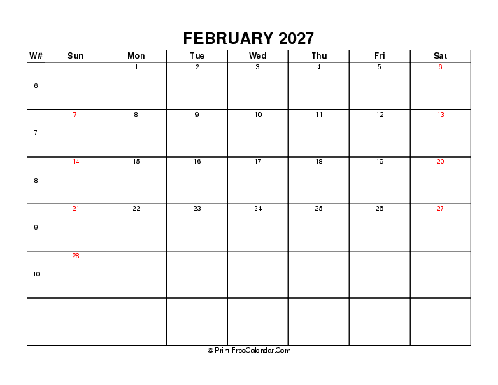 2027 february calendar with week number, uk-bank holidays, week start on sunday, Landscape orientation