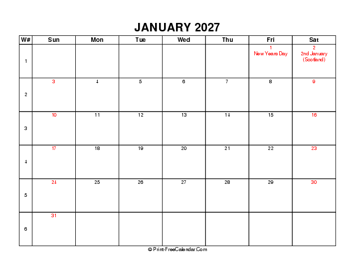 2027 january calendar with week number, uk-bank holidays, week start on sunday, Landscape orientation