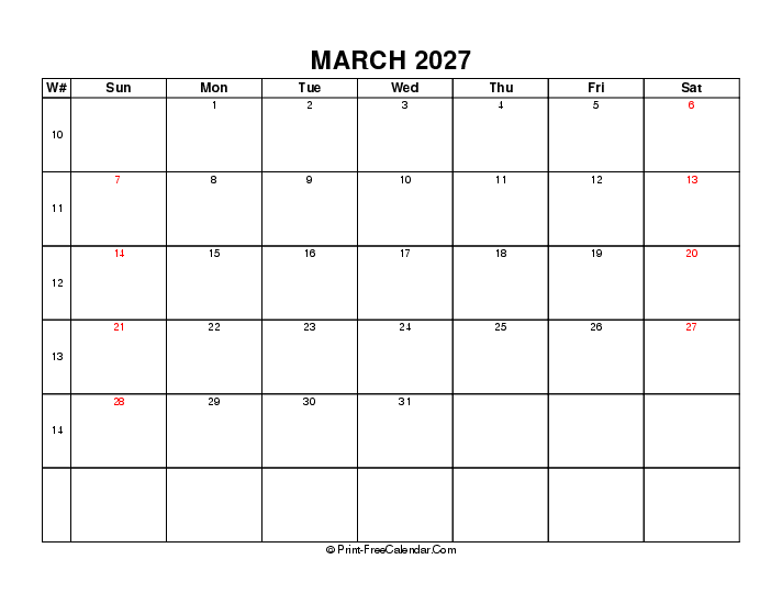 2027 march calendar with week number, usa holidays, week start on sunday, Landscape orientation