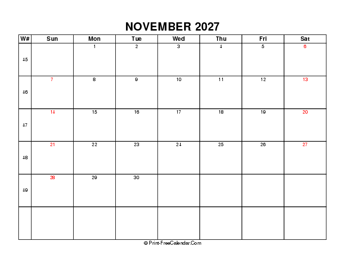 2027 november calendar week number sunday start landscape