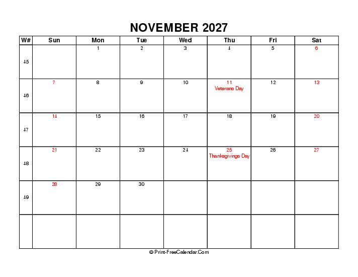 2027 november calendar with week number, usa holidays, week start on sunday, Landscape orientation