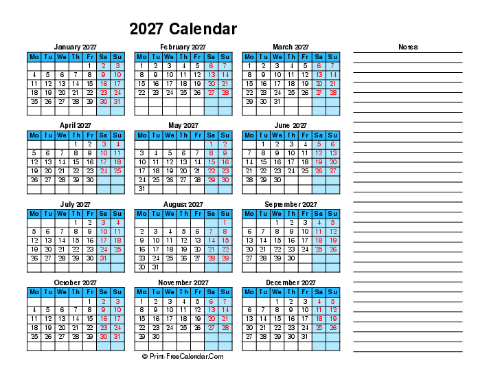 2027 Printable Calendar Right Notes, Landscape Layout Monday Start