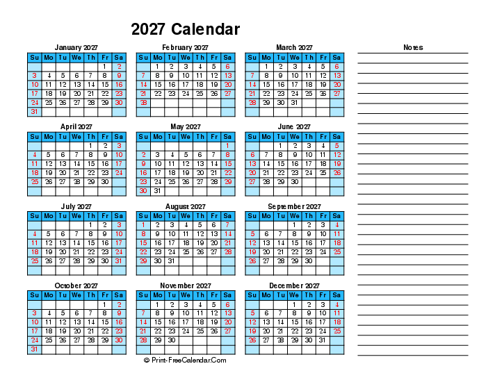 2027 printable calendar right notes sunday start landscape