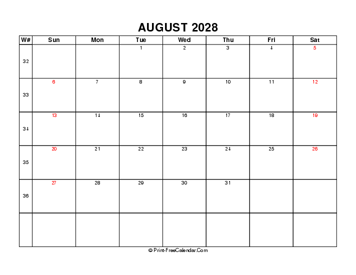 2028 august calendar week number sunday start landscape