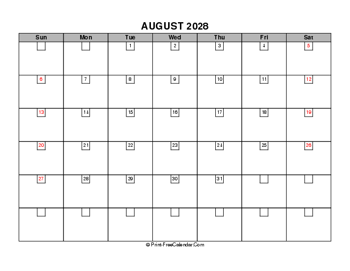 2028 boxy calendar august sunday start landscape