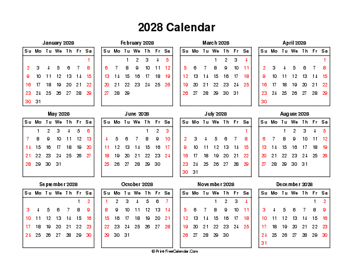 2028 calendar weekends highlighted sunday start landscape