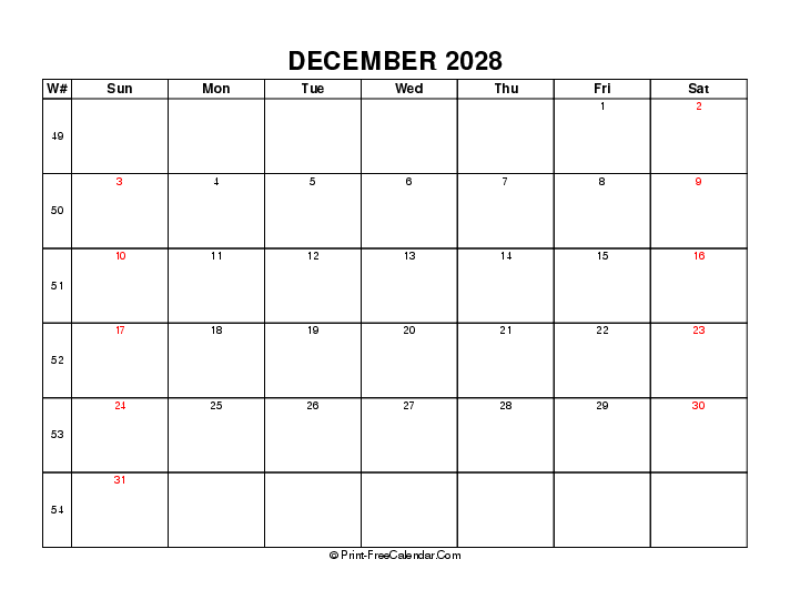 Download 2028 December Calendar Week Number Sunday Start (PDF, Word ...