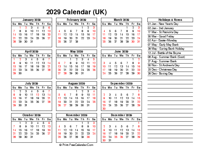 2029 annual calendar printable free with uk-bank holidays, week start on sunday, Landscape orientation