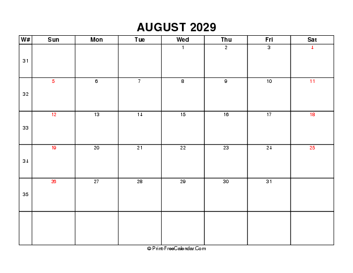 2029 august calendar with week number, usa holidays, week start on sunday, Landscape orientation