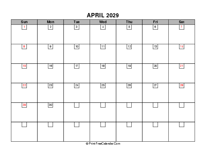 2029 boxy calendar april sunday start landscape