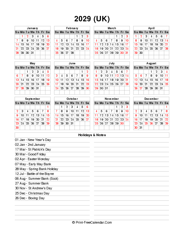 2029 calendar one page printable free with uk-bank holidays, week start on sunday, Portrait orientation