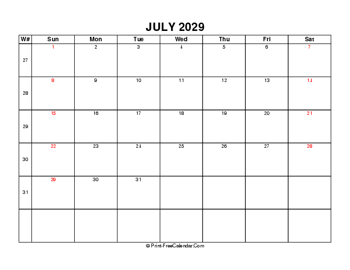 2029 july calendar with week number