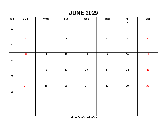 2029 june calendar with week number, uk-bank holidays, week start on sunday, Landscape orientation