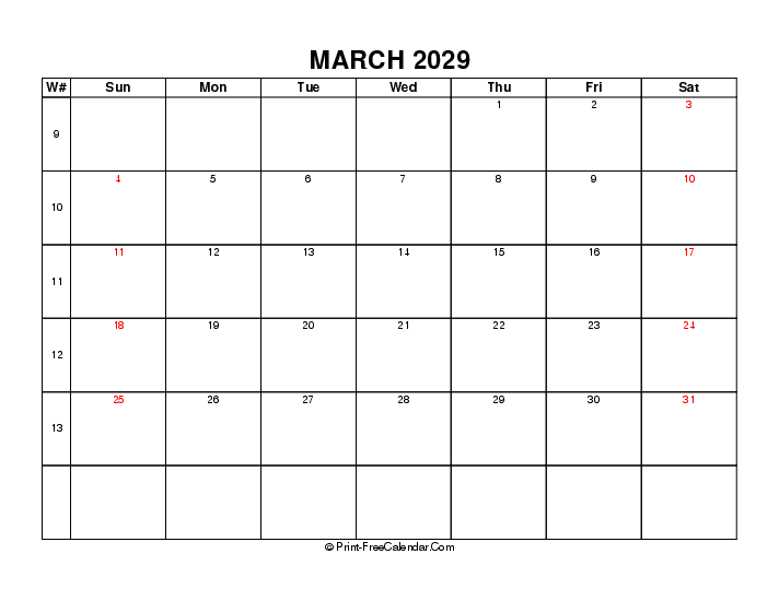 2029 march calendar with week number, usa holidays, week start on sunday, Landscape orientation