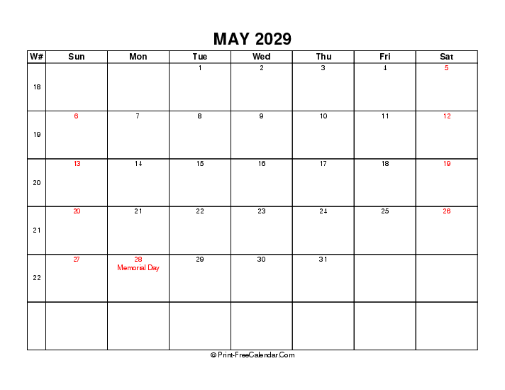 2029 may calendar with week number, usa holidays, week start on sunday, Landscape orientation