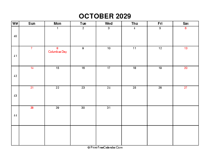2029 october calendar with week number, usa holidays, week start on sunday, Landscape orientation
