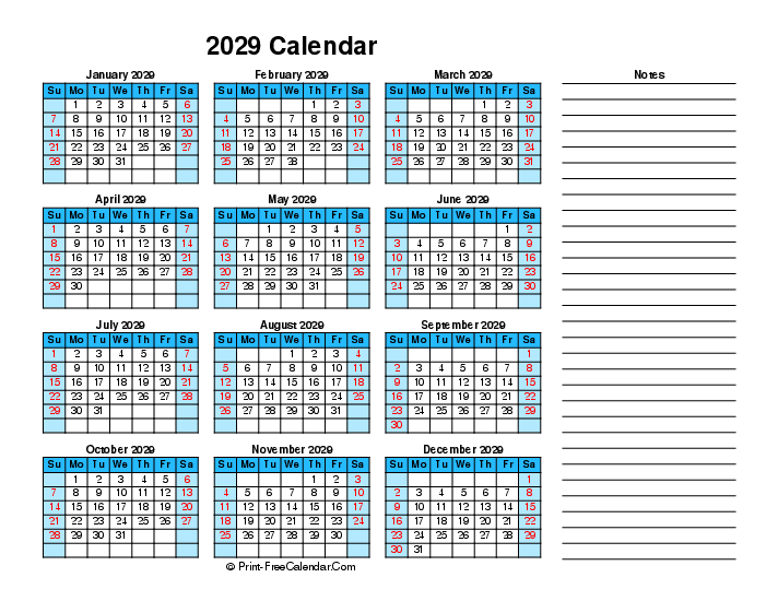 2029 printable calendar right notes sunday start landscape