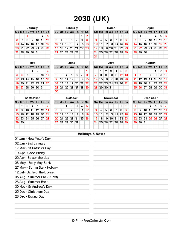 2030 Calendar One Page Printable Free With Uk Bank Holidays Sunday Start, Portrait Layout