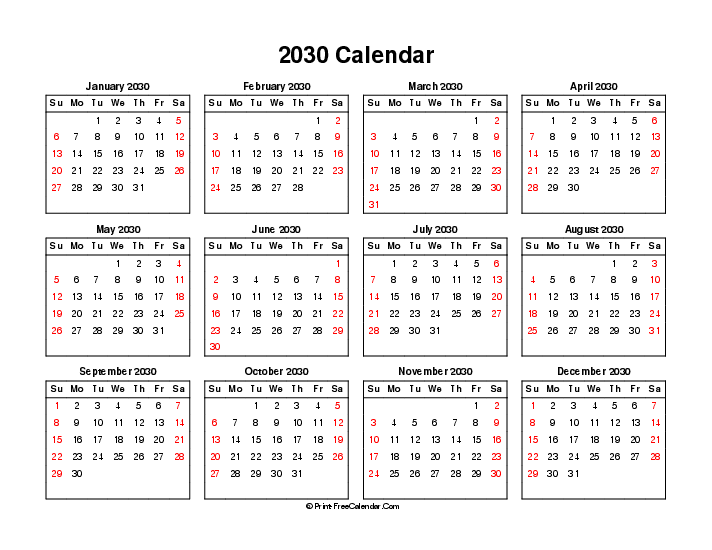 2030 calendar weekends highlighted sunday start landscape