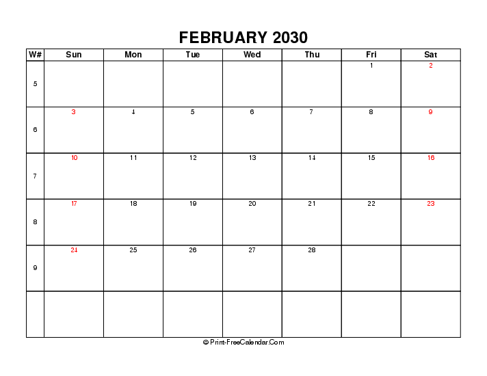 2030 february calendar with week number, uk-bank holidays, week start on sunday, Landscape orientation