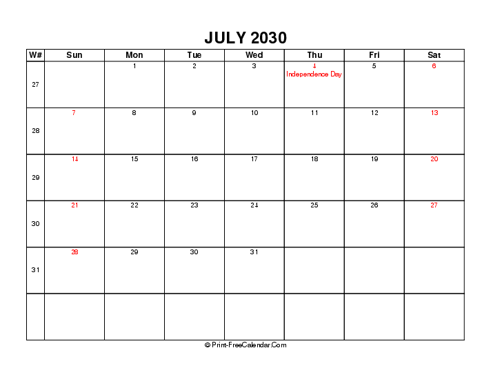 2030 July Calendar Week Number Usa Holidays Sunday Start, Landscape Layout