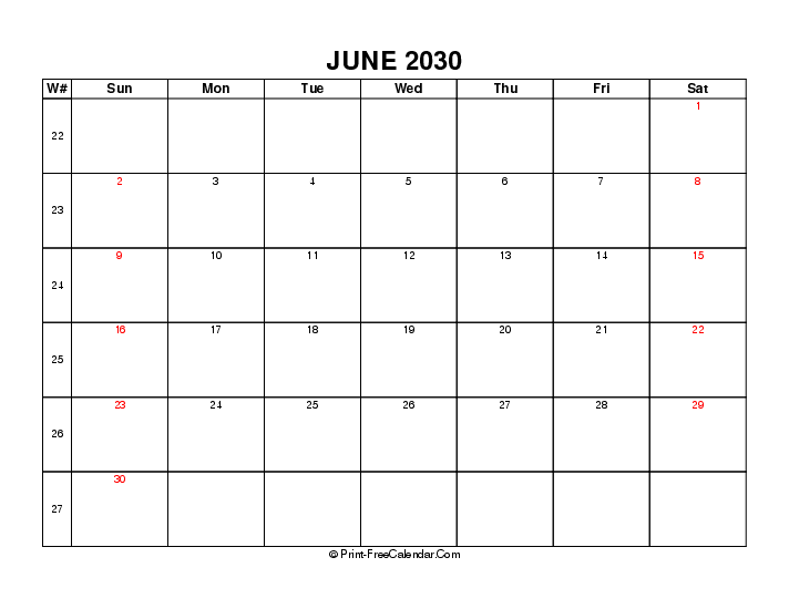 2030 june calendar with week number, usa holidays, week start on sunday, Landscape orientation