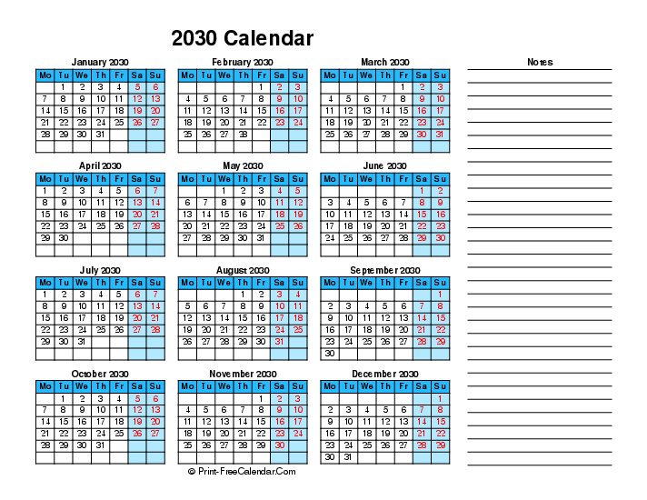 2030 Printable Calendar Right Notes, Landscape Layout Monday Start