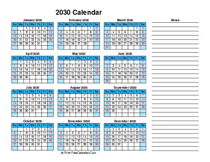 2030 printable calendar right notes sunday start landscape