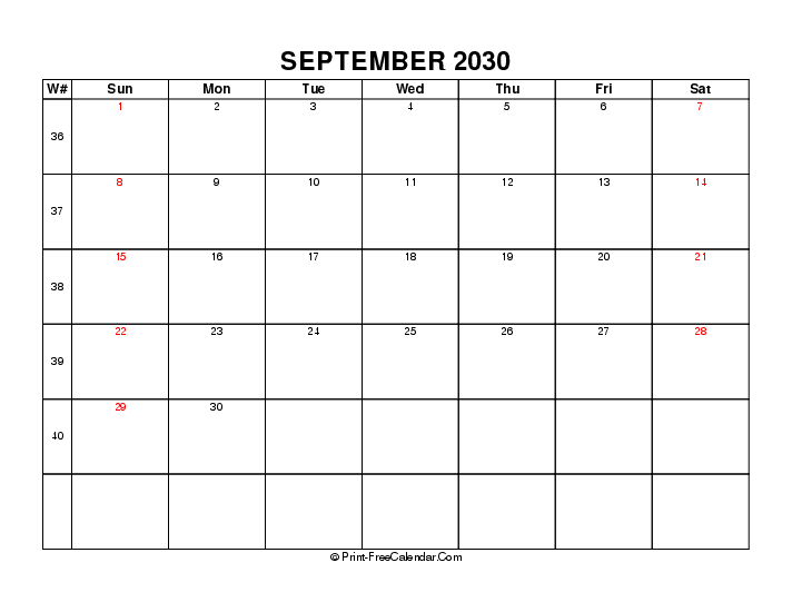 2030 september calendar with week number, uk-bank holidays, week start on sunday, Landscape orientation