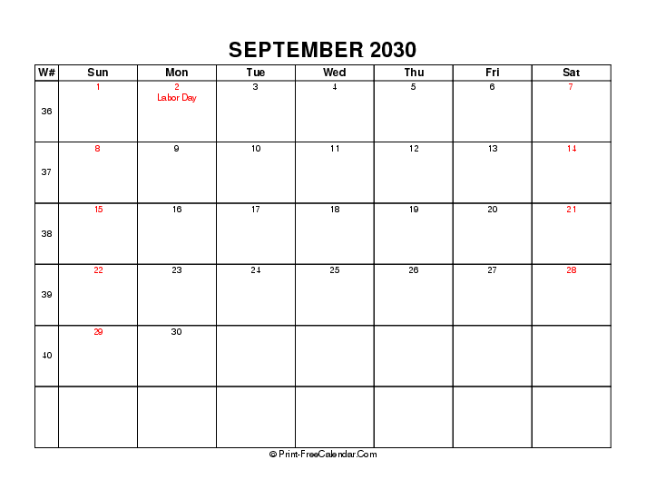 2030 september calendar with week number, usa holidays, week start on sunday, Landscape orientation