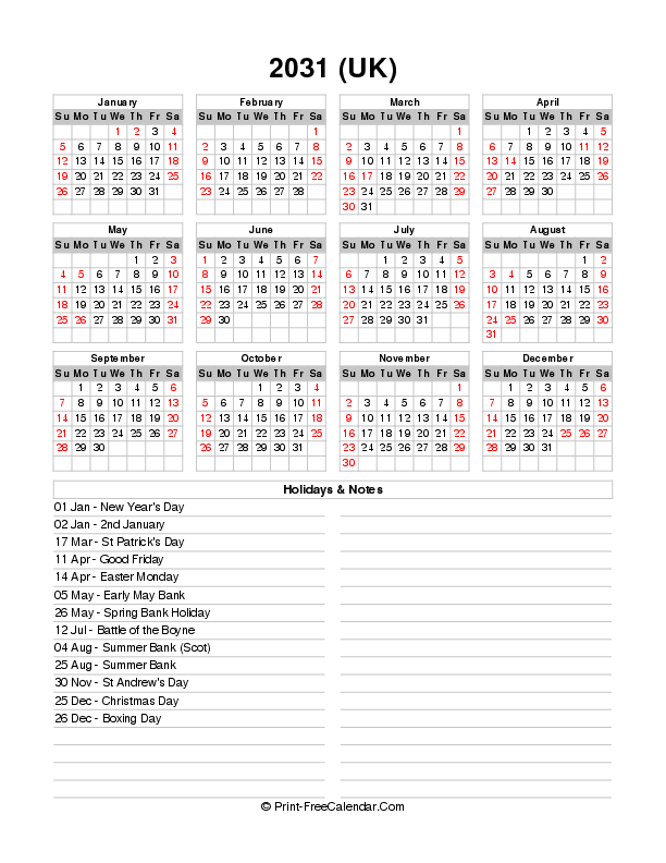 2031 Calendar One Page Printable Free With Uk Bank Holidays Sunday Start, Portrait Layout