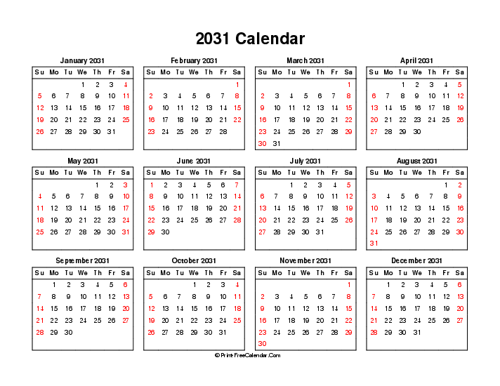2031 calendar weekends highlighted sunday start landscape