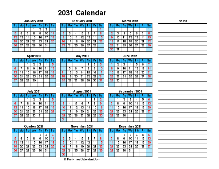 2031 printable calendar right notes sunday start landscape