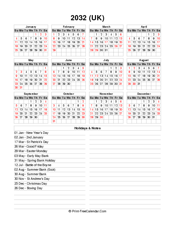 2032 Calendar One Page Printable Free With Uk Bank Holidays Sunday Start, Portrait Layout