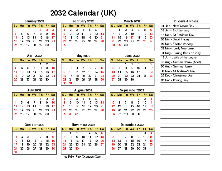 2032 calendar with uk-bank holidays, week start on sunday, Landscape orientation