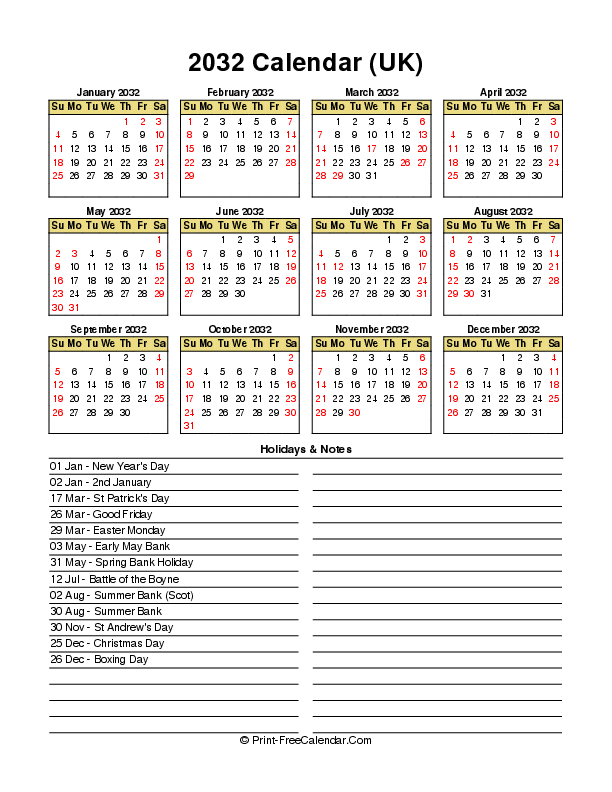 2032 Calendar With Uk Bank Holidays Sunday Start, Portrait Layout