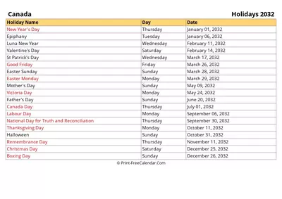 2032 canada holidays list