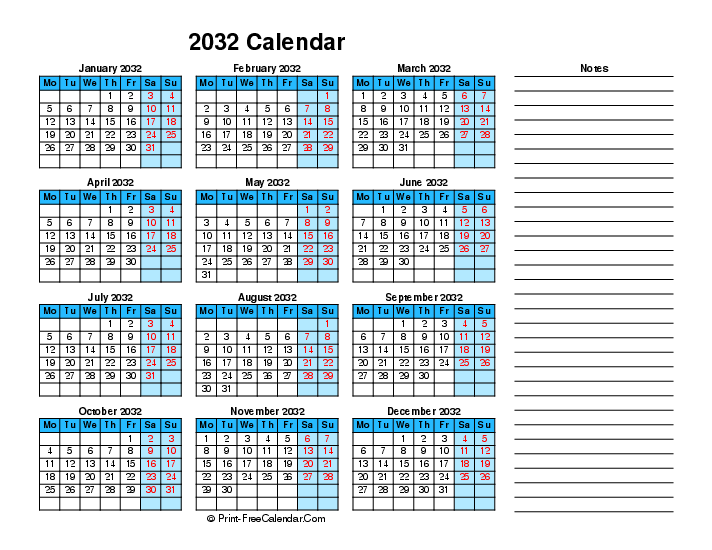 2032 Printable Calendar Right Notes, Landscape Layout Monday Start