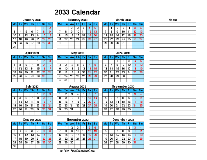 2033 Printable Calendar Right Notes, Landscape Layout Monday Start