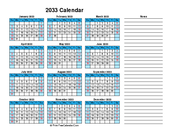 2033 printable calendar right notes sunday start landscape