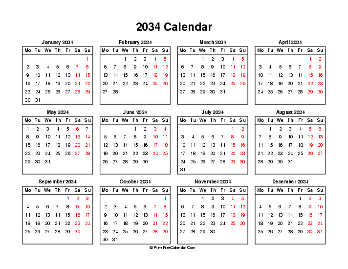2034 calendar weekends highlighted landscape monday start
