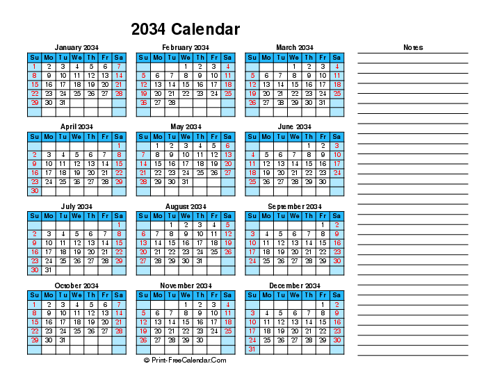 2034 printable calendar right notes sunday start landscape