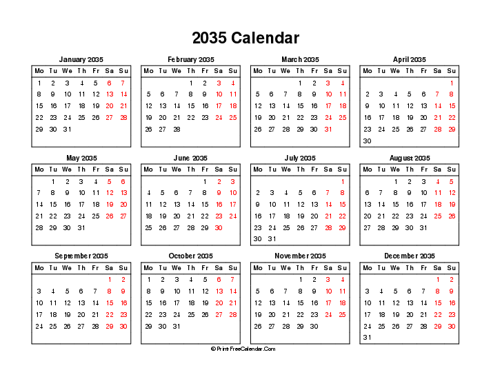 2035 calendar weekends highlighted landscape monday start