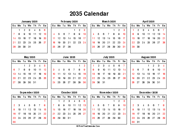 2035 calendar weekends highlighted sunday start landscape