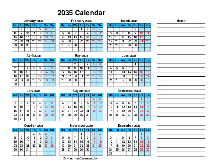 2035 Printable Calendar Right Notes, Landscape Layout Monday Start