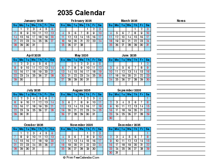 2035 printable calendar right notes sunday start landscape