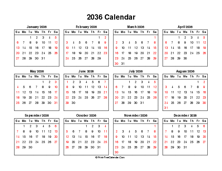2036 calendar weekends highlighted sunday start landscape