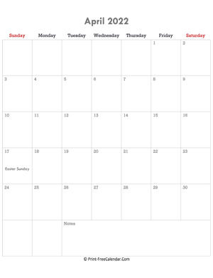 april 2022 calendar printable with holidays (portrait layout)