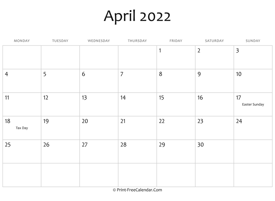 April 2022 Editable Calendar with Holidays